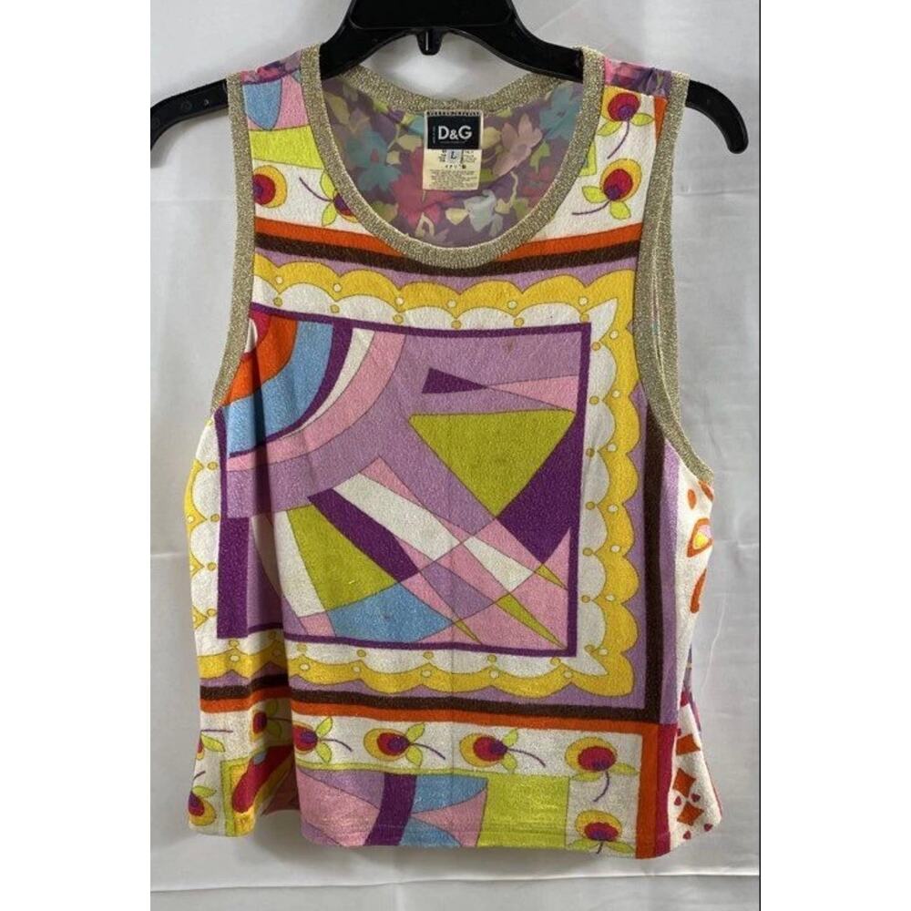 Vintage Y2K D&G Tank Multicolor Geometric Floral Gold Trim Tank Sz. L